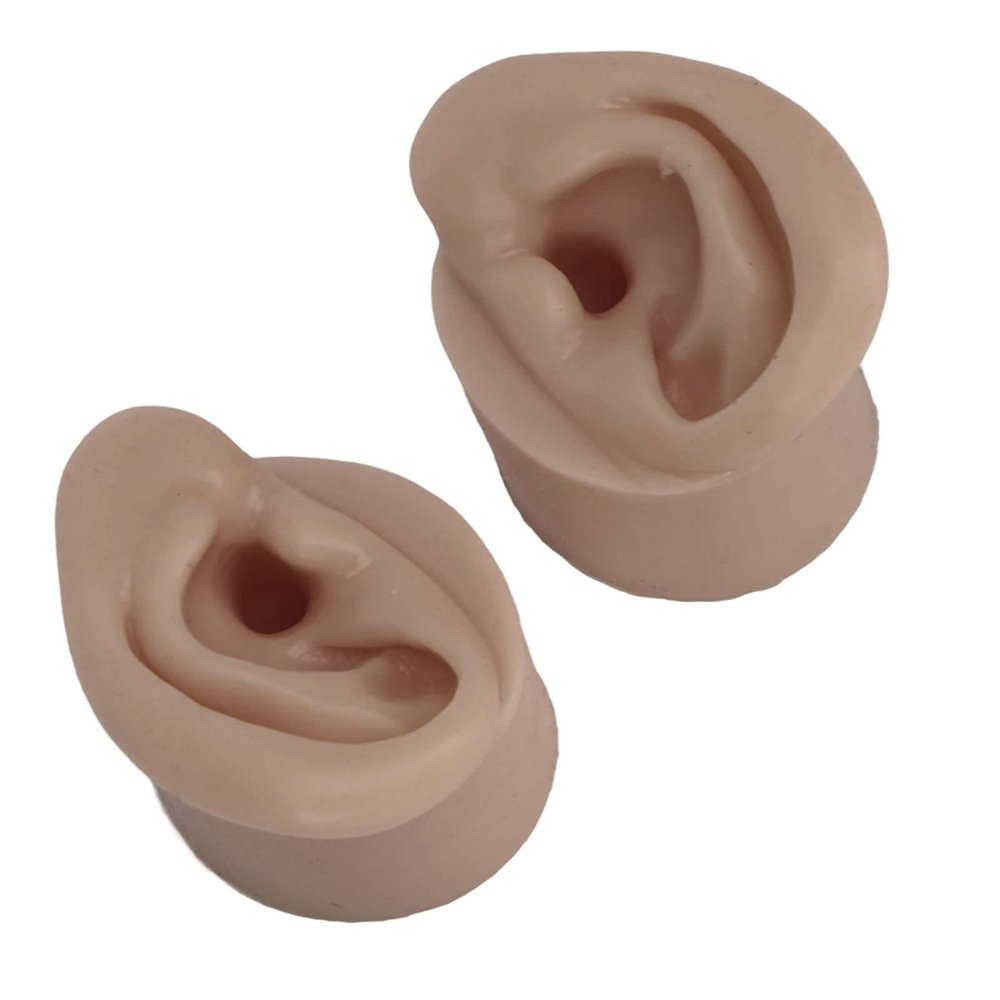 1 Pair Ear Practice Model, Novice Soft Silicone Flexible Ear Model Props for Jewelry Display (Dark Skin Color)