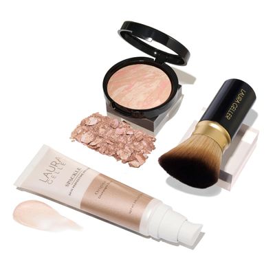 LAURA GELLER NEW YORK Everyday Routine Kit - Baked Balance-N-Brighten Color Correcting Powder Foundation, Porcelain + Retractable Angled Kabuki + Spackle Makeup Primer, Champagne Glow (3 PC)