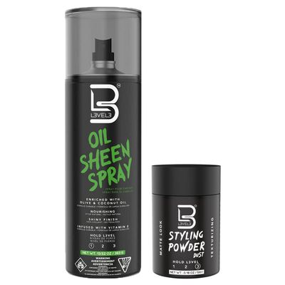 L3 Level 3 Oil Sheen Spray - Adds Shine to Hair After Styling - Infused with Vitamin E, Olive and Coconut Oil and Herbal Extracts Level Three Oil Shine Spray (Sample Powder Included)