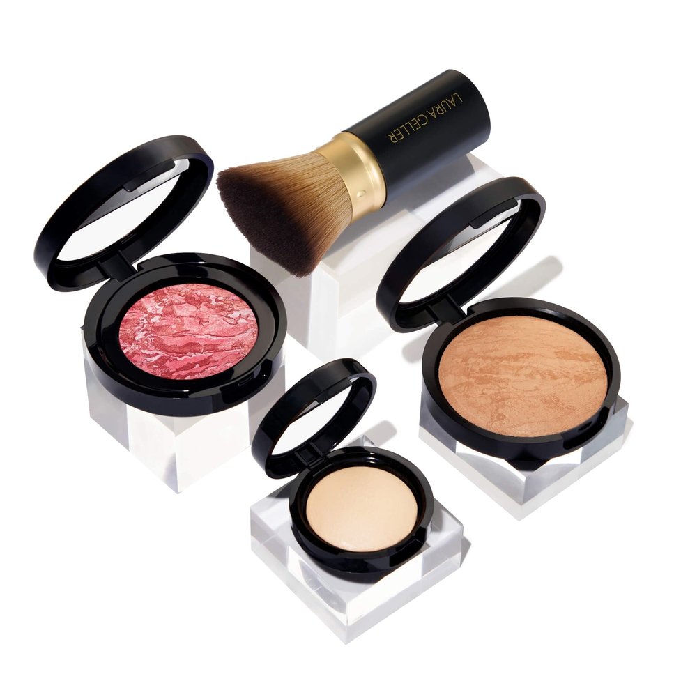 LAURA GELLER NEW YORK Daily Routine Kit (4 PC): Balance-N-Brighten Foundation, Golden Medium + Retractable Kabuki Brush + Blush-N-Brighten, Tropic Hues + Original Baked Highlighter, French Vanilla