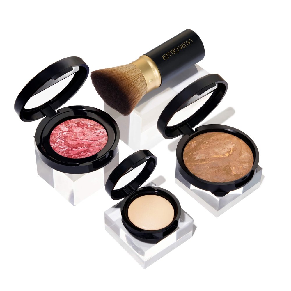 LAURA GELLER NEW YORK Daily Routine Kit (4 PC): Baked Balance-n-Brighten Foundation, Sand + Retractable Kabuki Brush + Blush-n-Brighten, Tropic Hues + Original Baked Highlighter, French Vanilla