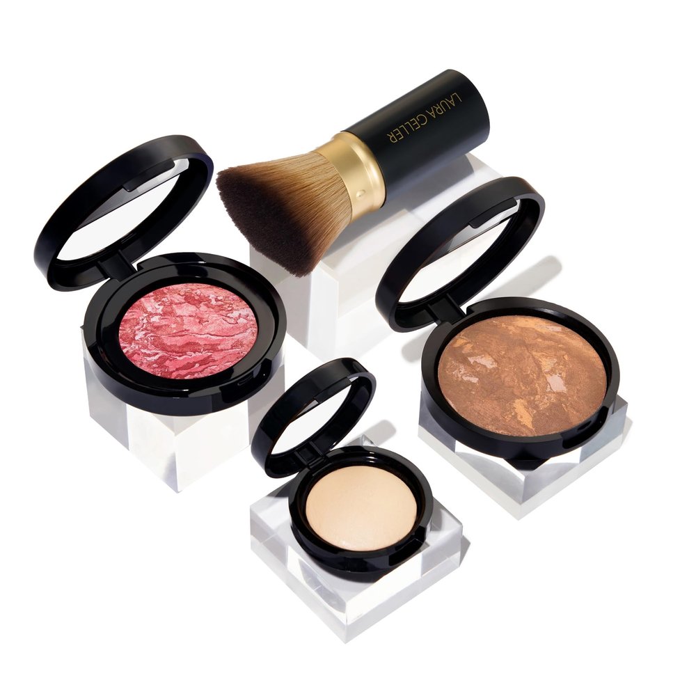 LAURA GELLER NEW YORK Daily Routine Kit (4 PC): Baked Balance-N-Brighten Foundation, Tan + Retractable Kabuki Brush + Blush-N-Brighten, Tropic Hues + Original Baked Highlighter, French Vanilla