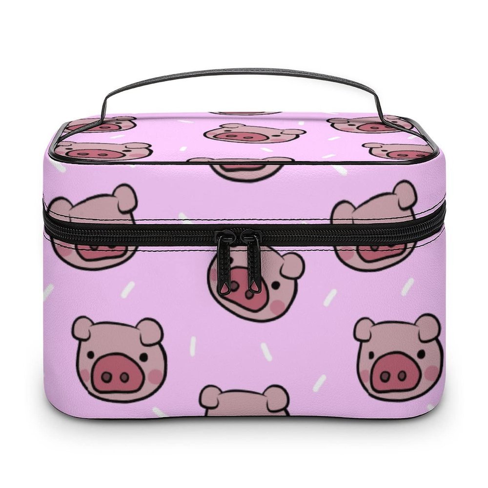Makeup Bag Organizer Cosmetic Bag, Piggy Pink Pig Head Makeup Bag Portable PU Leather Makeup Travel Case Pouch Organizer Toiletry Bag with Handle for Girl Women Ladies