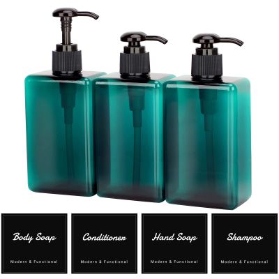 Suream 9.5oz Refillable Pump Press Bottles with 20Pieces Removable Stickers, 280ml Reuable Cosmetic Empty Bottle, Bathroom Countertop Shower Dispensers for Body Wash, Hand Sanitizer, 3Pack