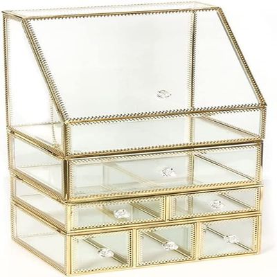 GIENEX Glass Cosmetic Storage Box Drawers Makeup Organizer Desktop Cotton Swab Lipstick Holder Make Up Organizer Girl Gift