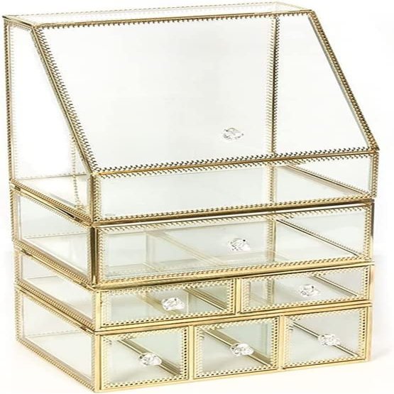 GIENEX Glass Cosmetic Storage Box Drawers Makeup Organizer Desktop Cotton Swab Lipstick Holder Make Up Organizer Girl Gift