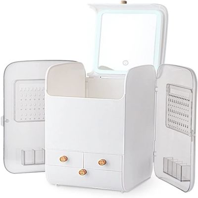 GIENEX Jewelry Display Case Makeup Organizer Cosmetic Storage Box with LED Mirror 3-Level Dimming Lipstick Necklace Storage Dressing Table Shelf Makeup Box