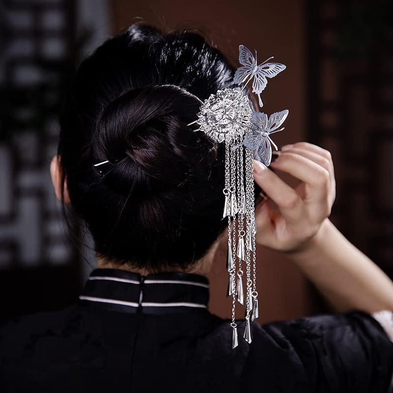 Chinese Hairpins Butterfly Tassel Hair Sticks Silver Tassel Hair Pin Vintage Flower Hair Sticks