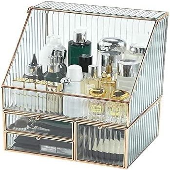 GIENEX Golden Vintage Glass Lidded Rectangle Jewelry Box, Clear Glass & Brass Metal Storage Jewelry and Cosmetic Makeup Organizer with Lid Beauty Display