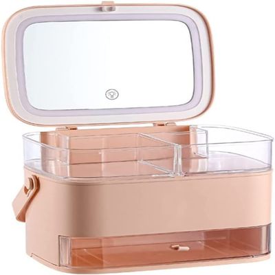 GIENEX Cosmetic Storage Box with Mirror and LED Light Desktop Makeup Organizer Storage Case Dust-Proof Drawer Type Organize