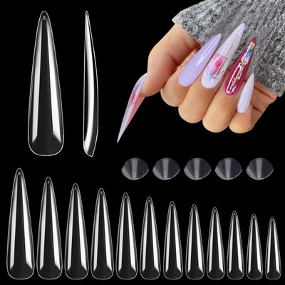 600PCS No C Curve Stiletto Nail Tips, XXXL Extra Long Stiletto Full Cover Nail Tips for Acrylic Nails Professional, 3XL Clear Flattened Fake Nail for Salons Home DIY Nail Art 12 Sizes