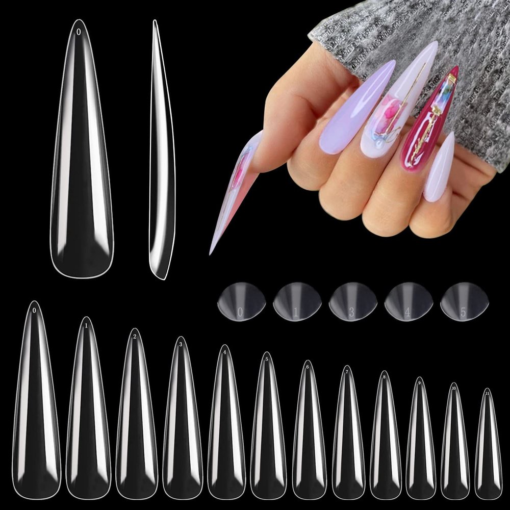 600PCS No C Curve Stiletto Nail Tips, XXXL Extra Long Stiletto Full Cover Nail Tips for Acrylic Nails Professional, 3XL Clear Flattened Fake Nail for Salons Home DIY Nail Art 12 Sizes