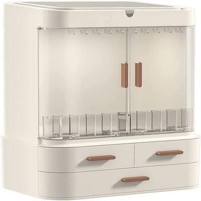 GIENEX Cosmetic Storage Box with Mirror Led Light Desktop Makeup Organizer Case Dust-Proof Drawer Type Organizer for Cosmetics