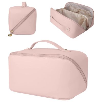 Niumike Large Capacity Travel Cosmetic Bags for Women - PU Leather Small Cute Makeup Bag Organizer Make Up Bags with Handle and Dividers Waterproof Portable Travel Toiletry Bag (Pink)