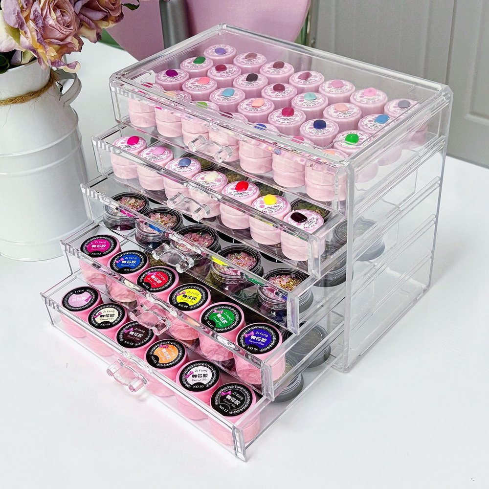 Guolich 5 Tier Nail Art Decoration Storage BoxAcrylic Make Up&Jewelry Organizer with Drawers, Cosmetic Storage for Dresser Countertop and BathroomTransparent Acrylic Nail Art Jewelry Accessories