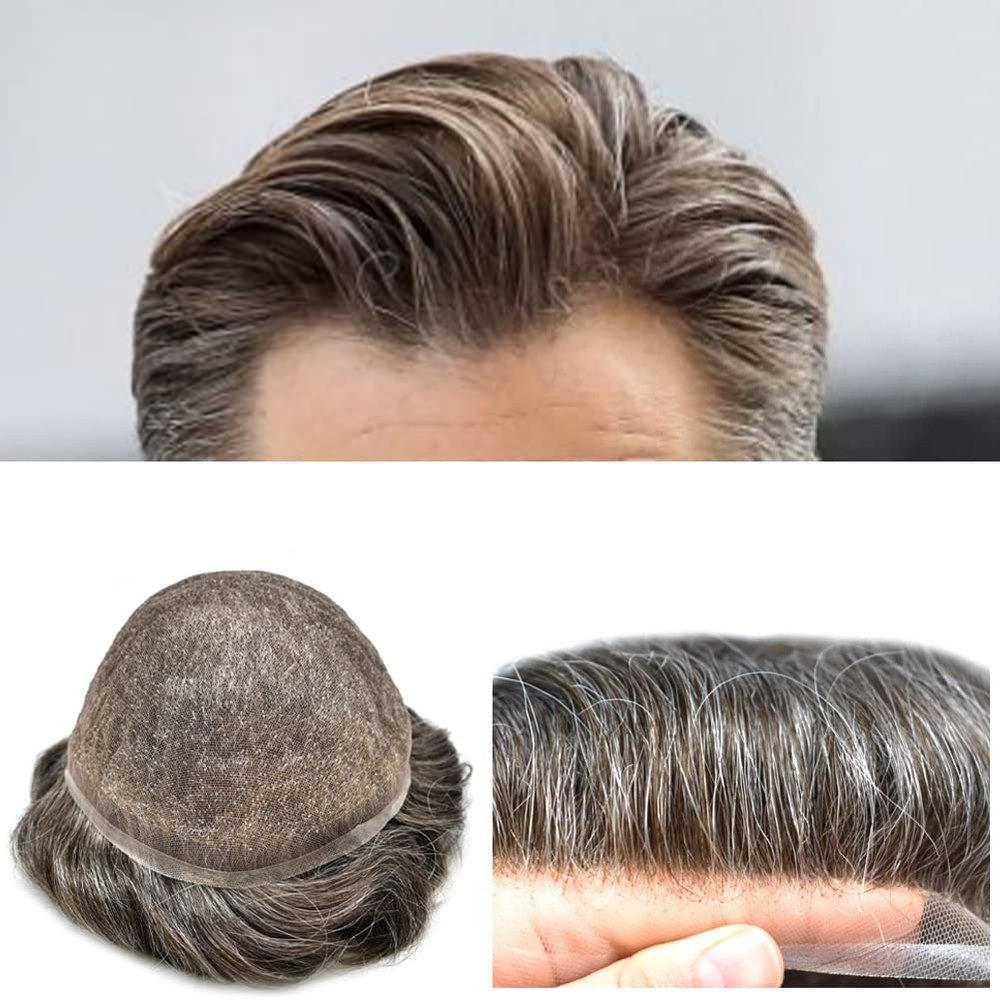 Toupee for Men Human Hair Replacement Systems Full French Lace Mens Toupee Hairpieces Bleached Knots Swiss lace Hair Systems for Men All Lace Male Wig Unit(7X9"-120% density#240 Darkest Brown with 40% Gray )