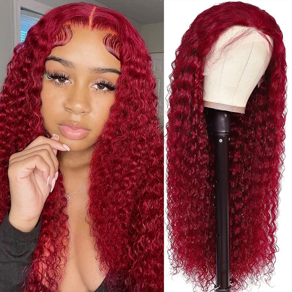 13x4 Burgundy Lace Frontal Wigs for Women 99J Deep Wave Lace Front Wigs Human Hair Pre Plukced with Baby Hair 16Inch Colored Deep Curly Human Hair Wigs 150% Density