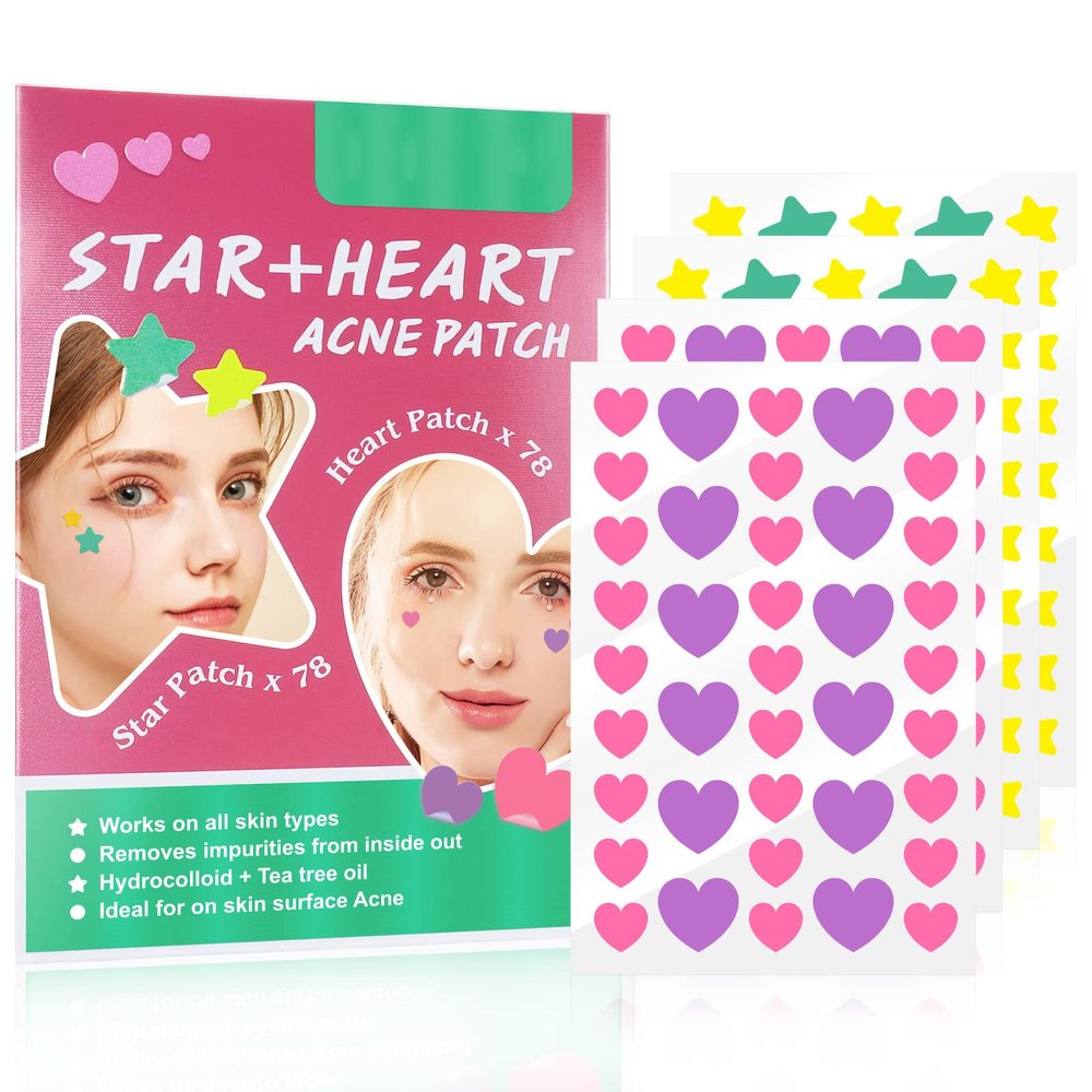 156 Patches Acne Patch Colorful Hydrocolloid Pimple Patch with Natural Tea Tree Oil, Cute Star and Love Heart Shaped Acne Absorbing Cover Patch Kit for Face Zits, Pimples, Blemishes, Spots Acne Dots