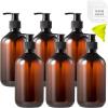 6 Pack Plastic Pump Bottles Dispenser, 16oz/500ml Empty Cylinder Shampoo Soap Dispenser, Refillable Containers with Extra Sprayer Pump Labels for Body Wash, Lotion, Gel(Amber) view 1