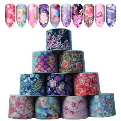10 Rolls Flowers Nail Foils For Transfer Paper Stickers Sliders Rose Colorful Flower Foil Nail Art Starry Sky Adhesive Nails Wraps Foil For Nails Art Design DIY Nail Film Decorations Nail Art Supplies