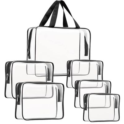 6Pcs Crystal Clear PVC Travel Toiletry Bag Kit for Women Men, Waterproof Vinyl Packing Organizer Storage Bags with Zipper Handle Straps, Cosmetic Pouch Carry on Airport Airline Compliant Bag Handbag