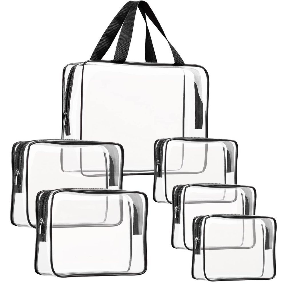 6Pcs Crystal Clear PVC Travel Toiletry Bag Kit for Women Men, Waterproof Vinyl Packing Organizer Storage Bags with Zipper Handle Straps, Cosmetic Pouch Carry on Airport Airline Compliant Bag Handbag