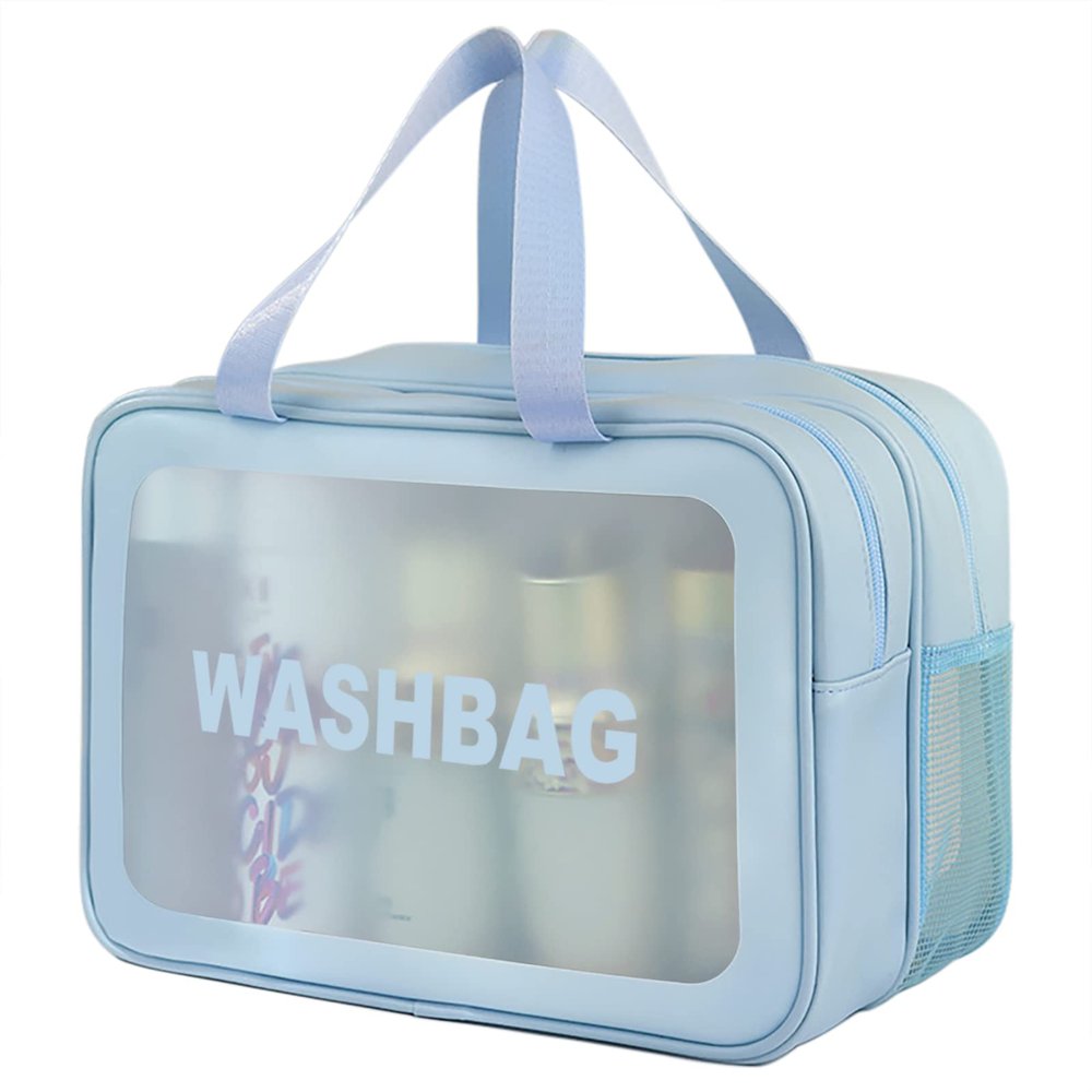 DAPOWER Travel Toiletry Bag for Women, Matte Translucent Toiletry Bag with Handy Handle, Makeup Cosmetic Organizer Bag for Travel Toiletries Accessories (Blue-XL)