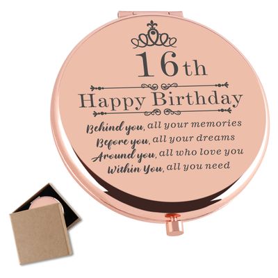16 Year Old Girl Birthday Gift Rose Gold Compact Makeup Mirror Sweet 16th Gifts for Girls 16th Birthday Gift for Daughter Granddaughter Niece Sister Friends Sixteen Birthday Present for Girls