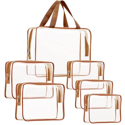 6Pcs Crystal Clear PVC Travel Toiletry Bag Kit for Women Men, Waterproof Vinyl Packing Organizer Storage Bags with Zipper Handle Straps, Cosmetic Pouch Carry on Airport Airline Compliant Bag Handbag