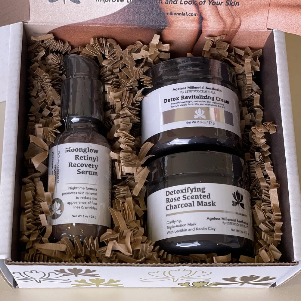 Ageless Millennial Aesthetics - Nights Skin Care Gift Box - 1 Detoxifying Charcoal Mask - 2.0oz, 1 Moonglow Retinyl Recovery Serum - 1.0oz, and 1 Detox Revitalizing Cream - 2.0oz