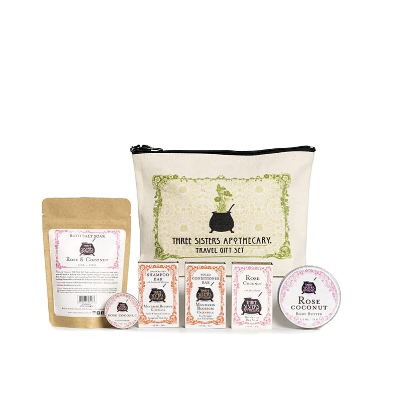Three Sisters Apothecary Travel 6 Piece Gift Set with Mandarin Blossom Haircare (Rose and Coconut)