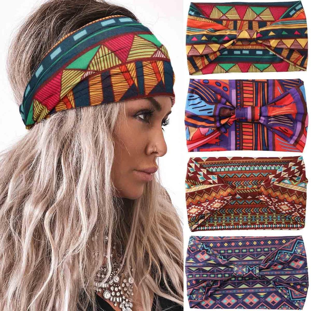 Acenail Wide Headbands - Knotted Turban Head Wraps for Women, Elastic Non-Slip Hairbands, Cotton Workout Hairbands for Running, Sports, Yoga, Boho Hair Accessories Pack of 4 (#3 Bohemian)