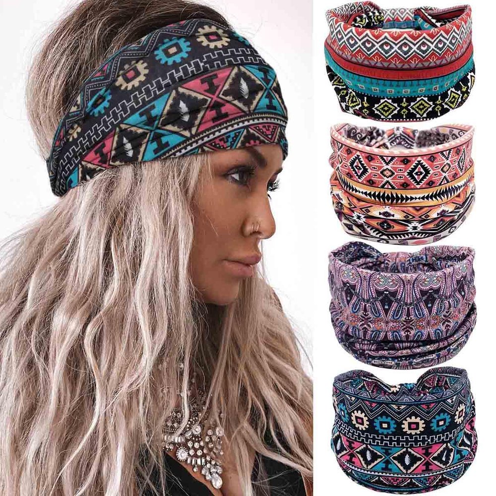 Acenail Wide Headbands for Women - Turban Knotted Hairbands, Elastic Non-Slip Cotton Wraps for Workout, Running, Sports, Yoga, Bohemian Style