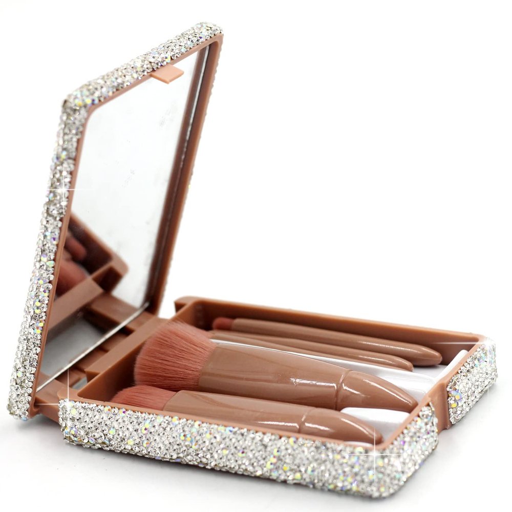 Bestbling Portable Barrel Makeup Brush Set 5 Pieces for Eyeshadow, Eyebrow, and Makeup Application with Crystal Bling Gift Case (White)