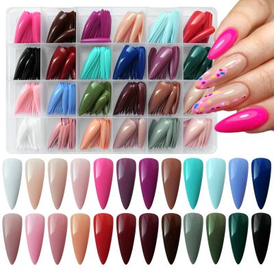 AddFavor 576pcs Long Stiletto Press on Nails 24 Solid Colors Glossy Full Cover Fake Nails Acrylic Artificial False Nail Tips 12 Sizes for Women Girls Nail Art Design