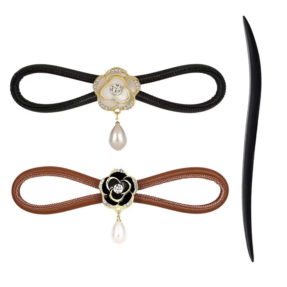 CHOISBEING Leather Hair Barrettes for Women French Hair Clip with Wooden Hair Stick for Buns Hair Slides for Girls Camellia Flower Clip (L)