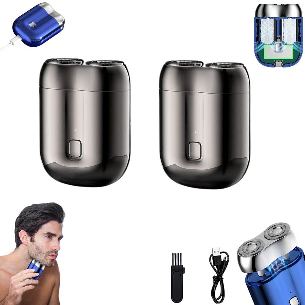 MiNGQIU Newest Mini Shaver Portable Electric Shaver,Pocket Size USB Rechargeable Men Rotary Shaver,Portable Wet and Dry Rechargeable Men Rotary Shaver,Electric Razor for Men (Grey-2PCS)