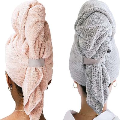 2 Pack Microfiber Hair Towel Wrap,Fast Drying Hair Turbans for Wet Hair,Anti Frizz Hair Drying Towel with Elastic Strap,Super Absorbent, Premium Wrap Towel for All Hair Types. 25" x 42" (Pink + Grey)