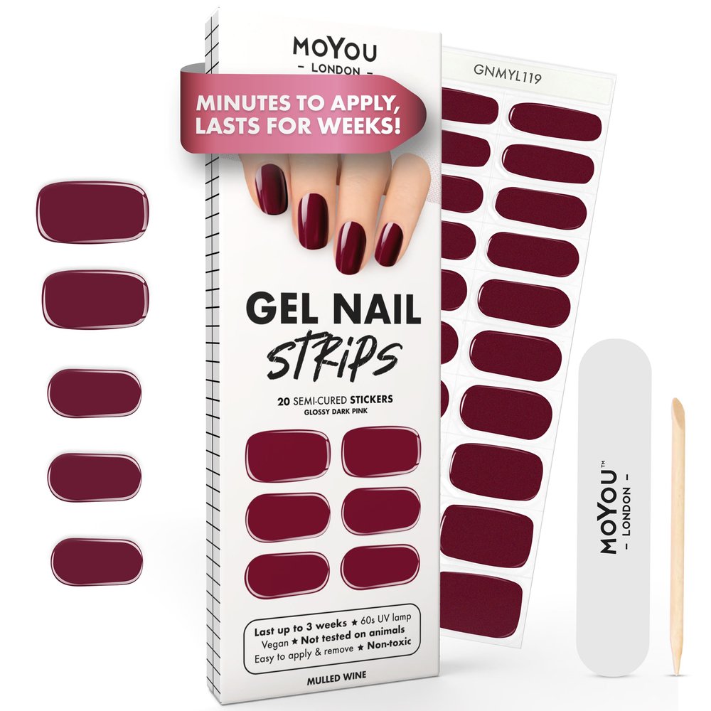 MOYOU LONDON Semi Cured Gel Nail Strips - 20 Pcs. Waterproof Gel Nail Wraps, Cures in Sunlight or UV/LED Lamp, Lasts Up to 2+ Weeks, Stretchable, Easy to Apply & Remove, Vegan & Cruelty-Free
