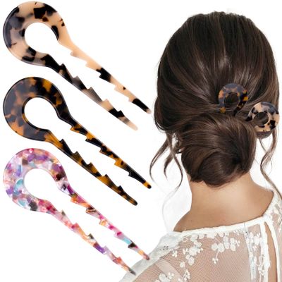 5.1 Inch 3 PCS Acetate French Hair Sticks, PAGOW U Shape French Hair Clipss, Vintage Cellulose Acetate Tortoise Shell Hair Fork Hair Accessories, For Women Girls Long Thick Hair (Sawtooth Design)