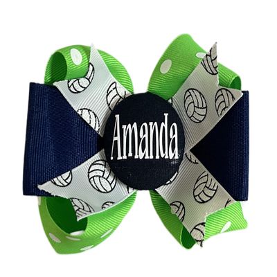 Cute Green & Navy White Volleyball Glitter Ribbon Bow for Girls Hair for Team School, Clip Ponytail