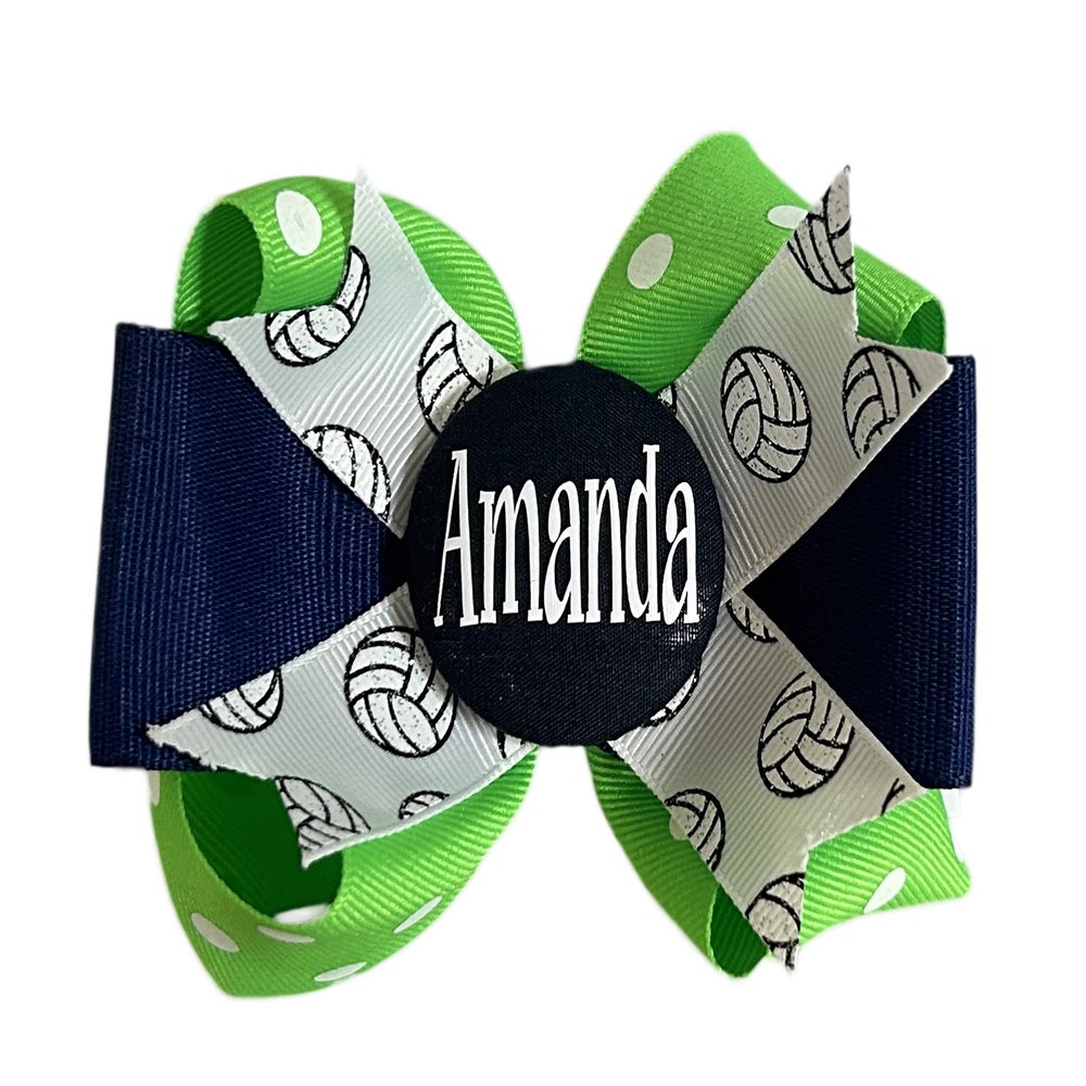 Cute Green & Navy White Volleyball Glitter Ribbon Bow for Girls Hair for Team School, Clip Ponytail
