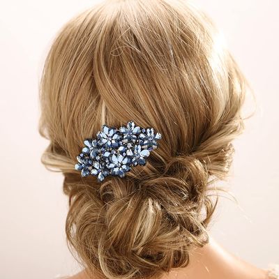 Aimimier Flower Crystal Hair Barrettes Shiny Rhinestone Hair Spring Clips Hair Pins Bridal Hairpiece Wedding Hair Accessories for Women (Blue)