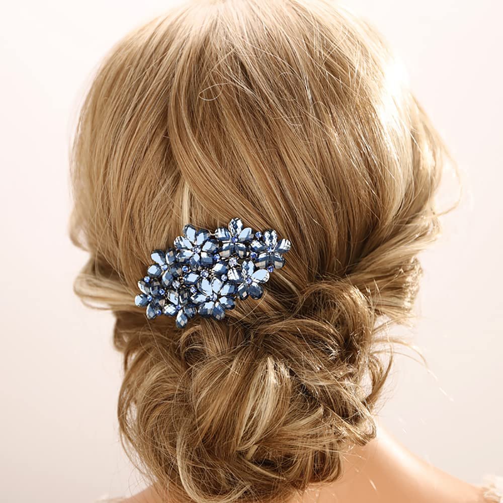 Aimimier Flower Crystal Hair Barrettes Shiny Rhinestone Hair Spring Clips Hair Pins Bridal Hairpiece Wedding Hair Accessories for Women (Blue)