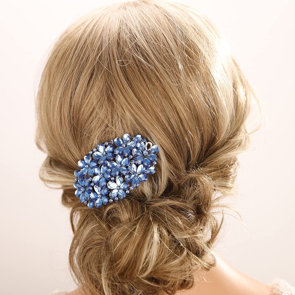 Aimimier Flower Crystal Hair Clips Shiny Rhinestone Hair Spring Clamp Hair Pins Bridal Hairpiece Wedding Hair Accessories for Women (Blue)