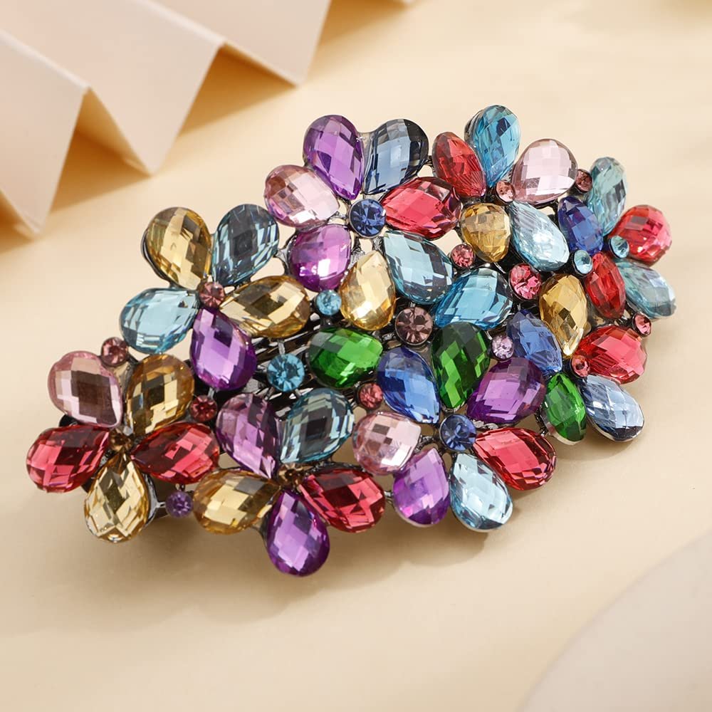 Aimimier Flower Crystal Hair Barrettes Sparkling Rhinestone Hair Spring Clamp Hair Pins Fashion Prom Party Hair Accessories for Women (Colorful)