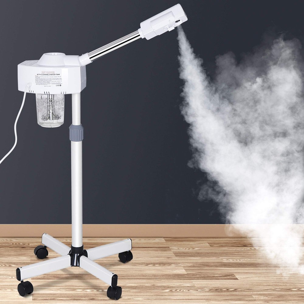 Professional Facial Steamer for Face Professional Deep Cleansing with Hot Mist Function Stand on Wheel, High Frequency for Home Spa Salon Beauty Skin Care, White