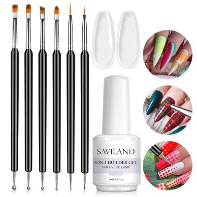 Saviland 6PCS Nail Art Brushes Set & 5 in 1 Clear Builder Bases Gels