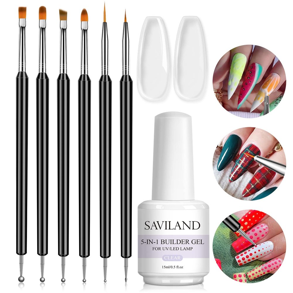 Saviland 6PCS Nail Art Brushes Set & 5 in 1 Clear Builder Bases Gels
