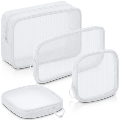 Weewooday 4 Pcs Mesh Makeup Bag Mesh Cosmetic Bag Travel Toiletry Pouch with Zipper Mini Makeup Cosmetic Purse for Daily Accessory(Small, Large, Medium,White)
